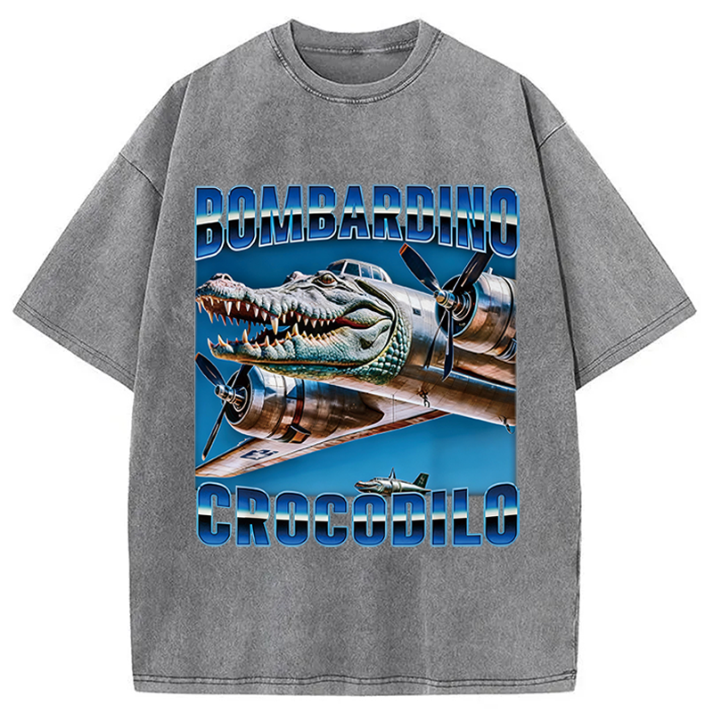 Modecanvas Bombardino Crocodilo Italian Brainrot Meme DTG Printing Washed T-Shirt