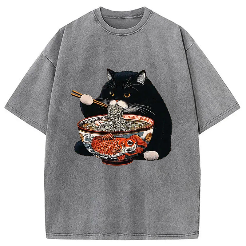 Modecanvas Fat Cat Eating Ramen Washed T-Shirt-modecanvas