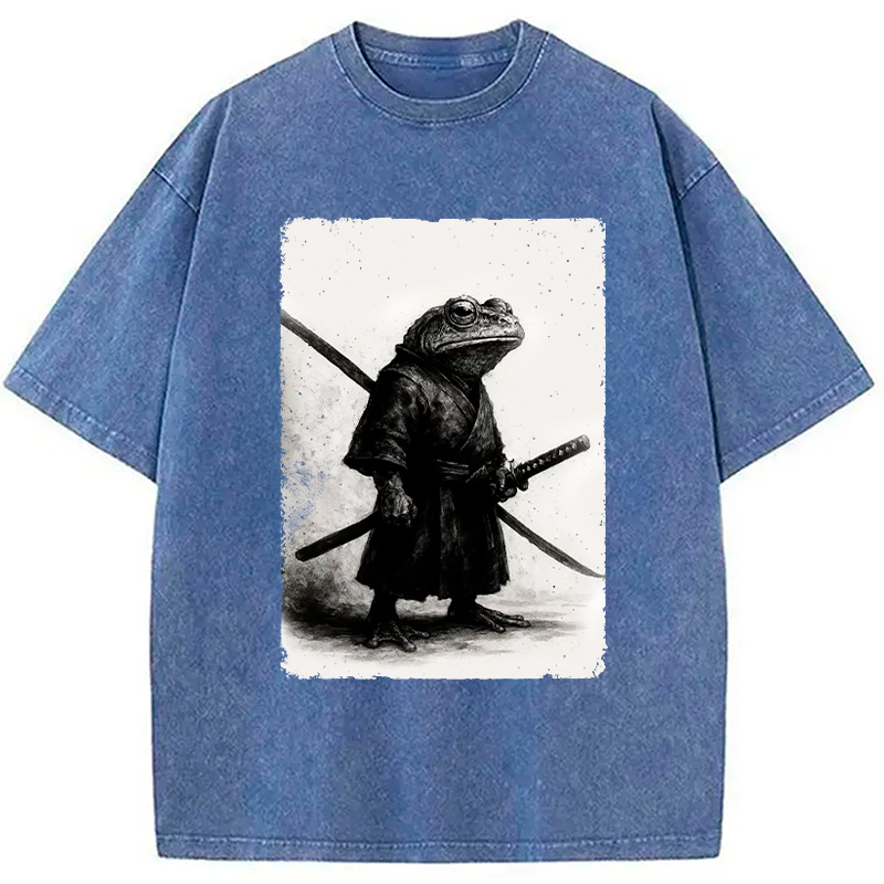 Modecanvas Retro Frog Samurai Japanese Washed T-Shirt