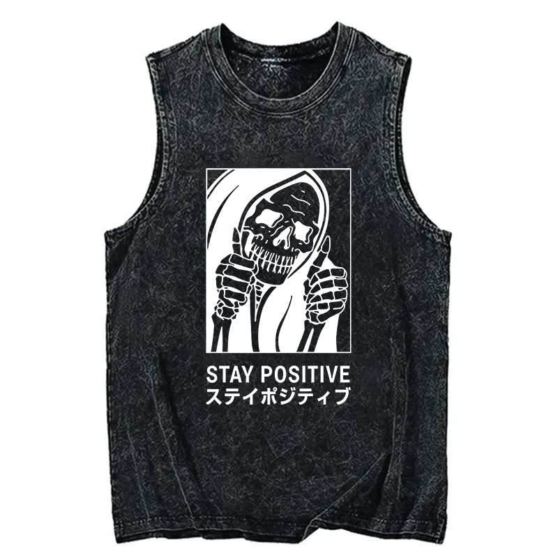 Modecanvas Stay Positive Skeleton DTG Printing Washed Tank-modecanvas