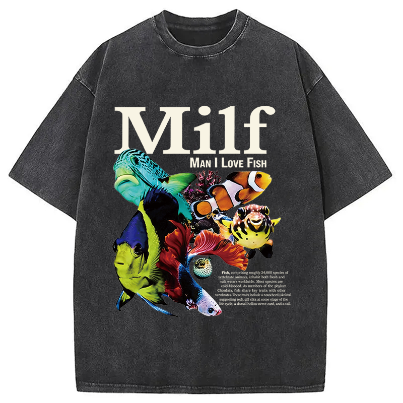 Modecanvas Man I Love Fish Vintage Meme Washed T-Shirt-modecanvas