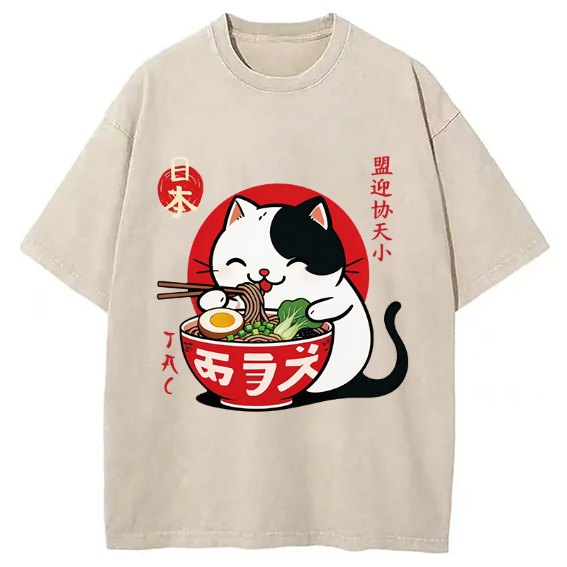 Modecanvas Japanese Ramen Cat DTG Printing Washed T-Shirt