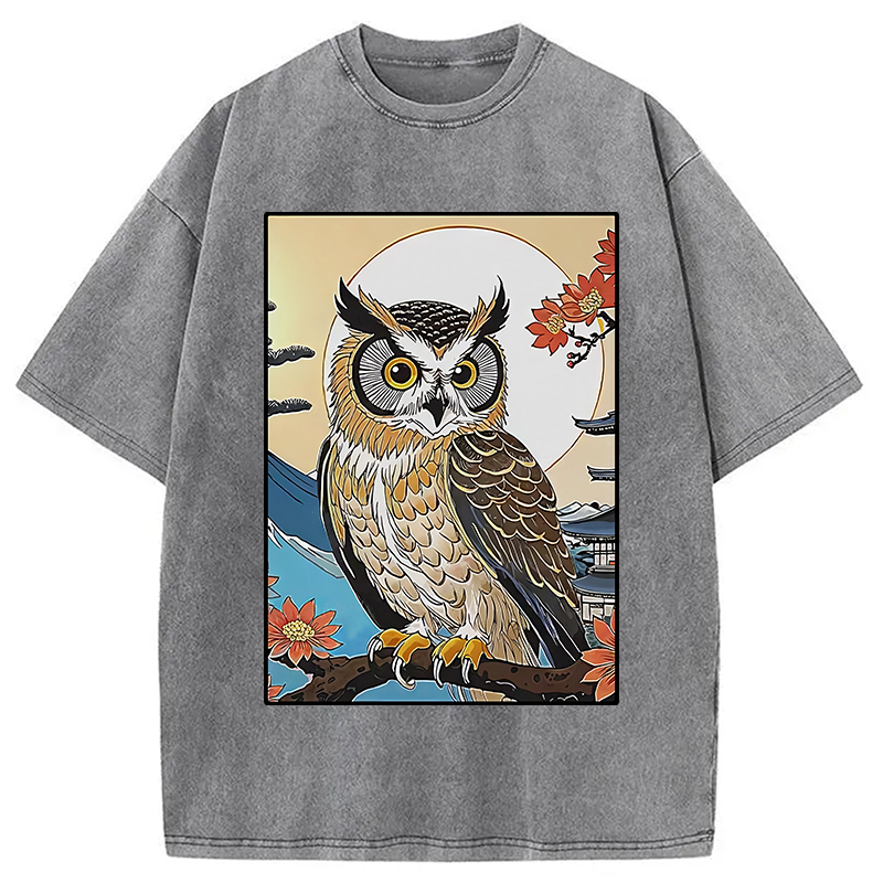 Modecanvas Owl Ukiyo-e Washed T-Shirt