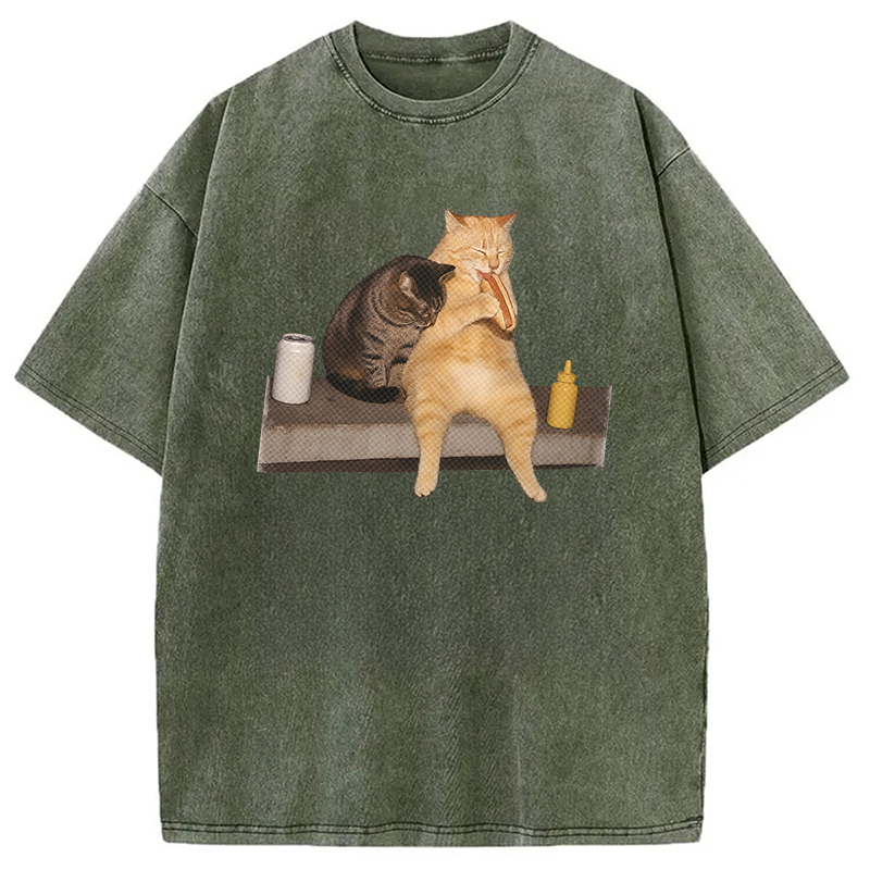 Modecanvas Cat Eating Hot Dog Washed T-Shirt