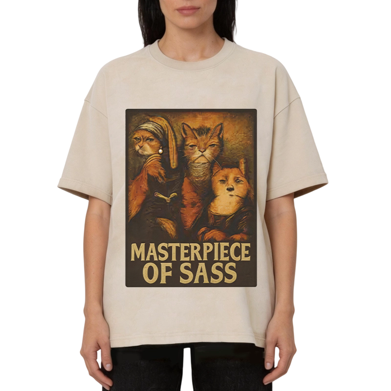 Modecanvas Funny Cat Parody DTG Printing Washed T-Shirt