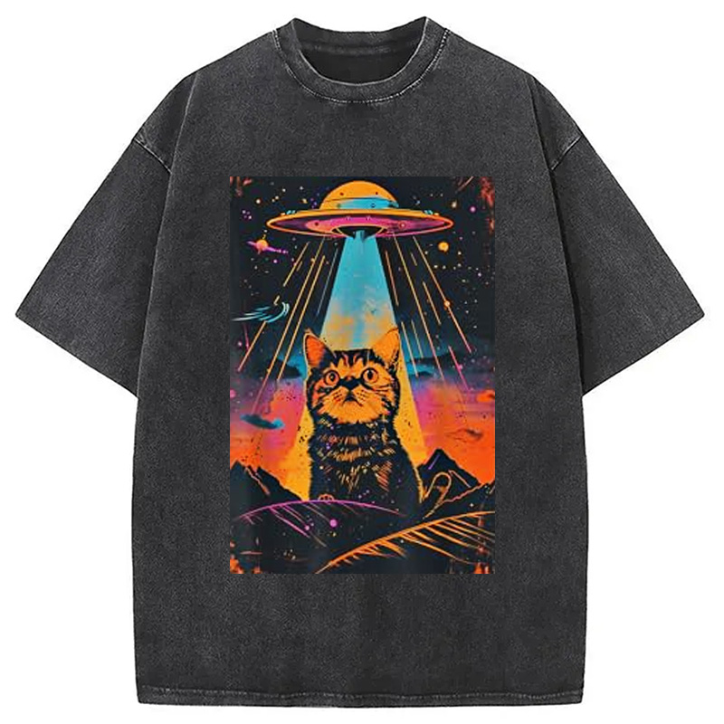 Modecanvas Catzilla Vintage Funny Cute Cat Washed T-Shirt-modecanvas