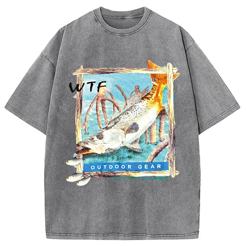 Modecanvas Funny WTF Fishing Fish DTG Printing Washed T-Shirt