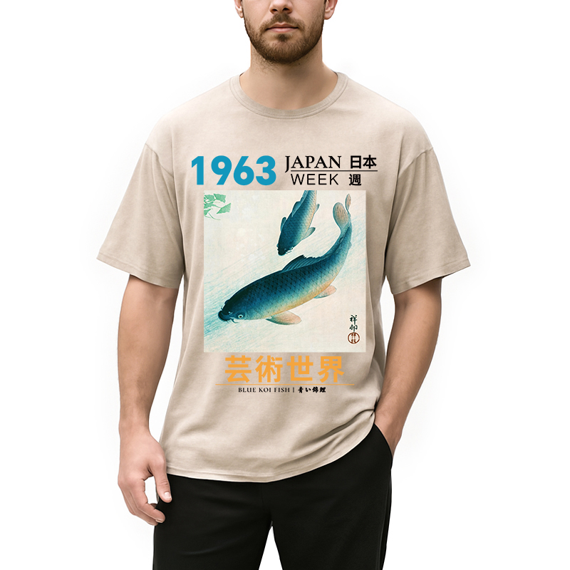 Modecanvas Blue Koi Fish DTG Printing Washed T-Shirt
