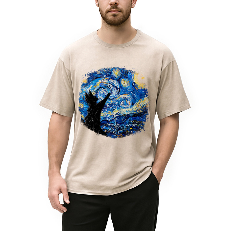 Modecanvas Starry Night Cat Washed T-Shirt