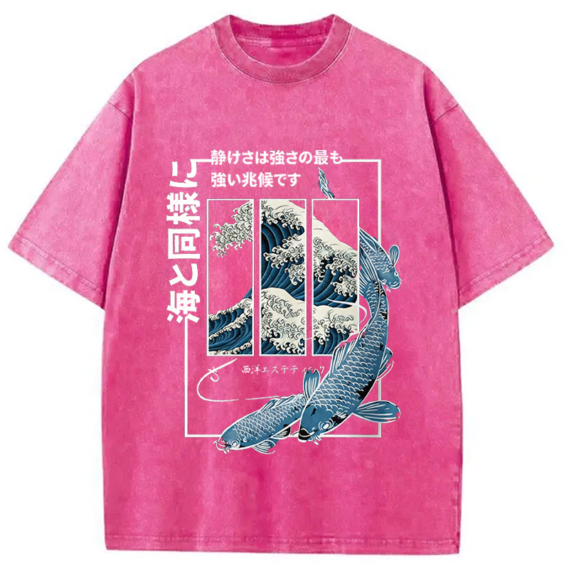 Modecanvas Japanese Koi Fish Great Wave DTG Printing Washed T-Shirt