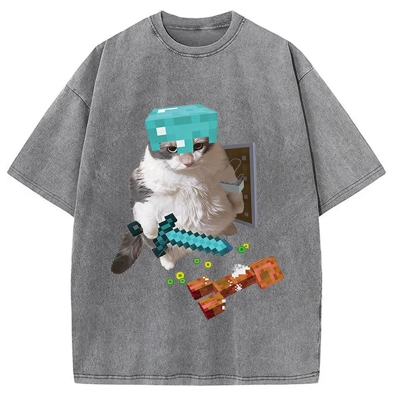 Modecanvas Diamond Armor Cat Creeper Washed T-Shirt