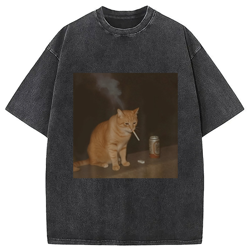 Modecanvas Cat Smoking Funny Meme Washed T-Shirt