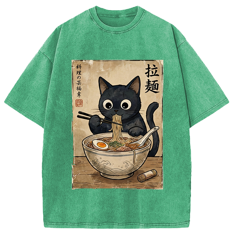 Modecanvas Kawaii Ramen Cat Retro DTG Printing Washed T-Shirt