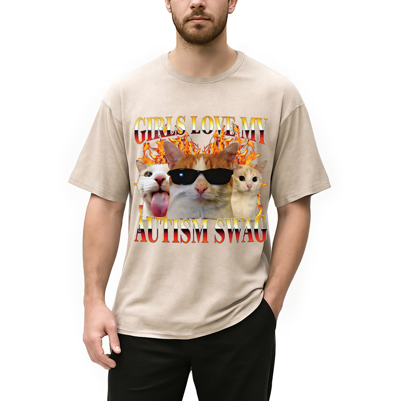 Modecanvas Girls Love My Autism Swag Funny Cat Meme DTG Printing Washed T-Shirt