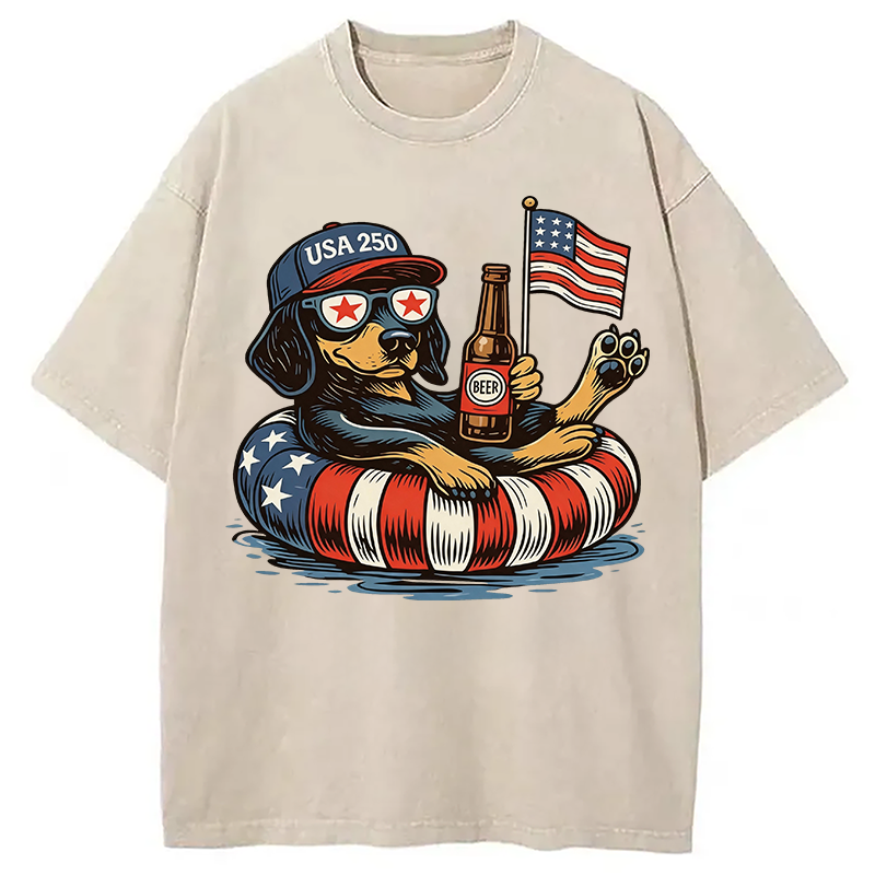 Modecanvas Funny 4th Of July Dachshund DTG Printing Washed T-Shirt