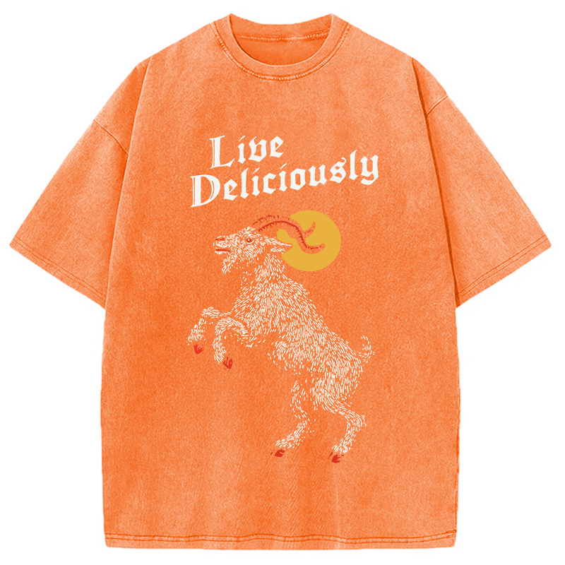 Modecanvas Black Philip Live Deliciously DTG Printing Washed T-Shirt