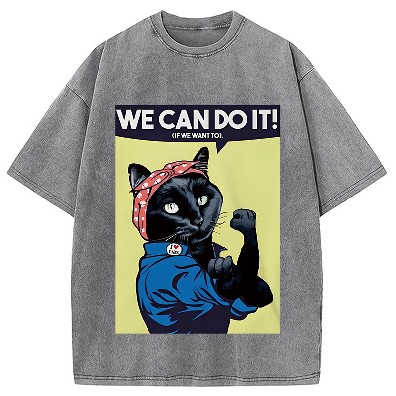 Modecanvas We Can Do It Moew Black Cat Washed T-Shirt