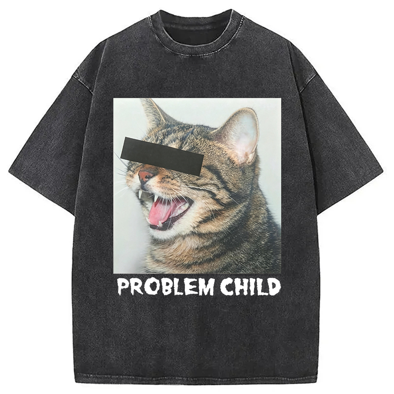 Modecanvas Problem Child Cat Washed T-Shirt-modecanvas