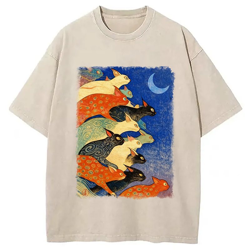 Modecanvas Colorful Flowing Cats Washed T-Shirt