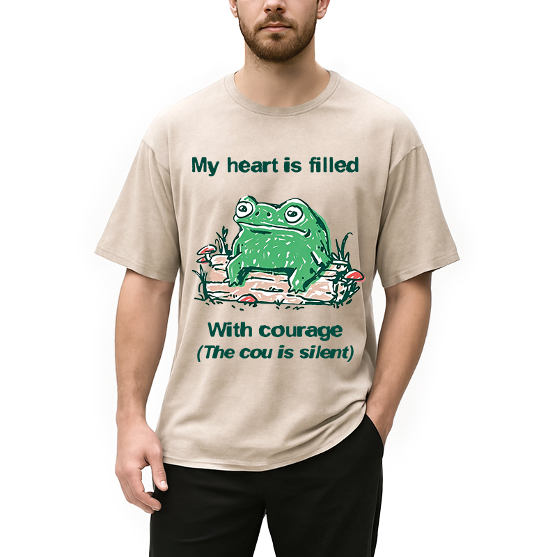 Modecanvas My Heart Is Filled With Courage Frog DTG Printing Washed T-Shirt-modecanvas