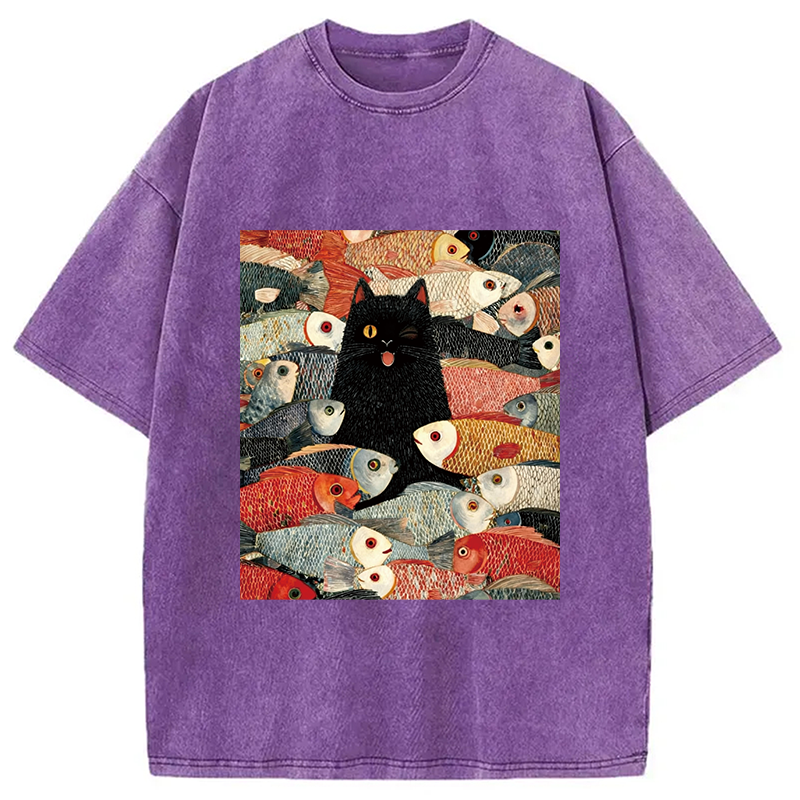 Modecanvas Black Cat Koi Fish Washed T-Shirt