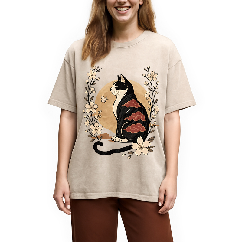 Modecanvas Kawaii Japanese Cat DTG Printing Washed T-Shirt-modecanvas