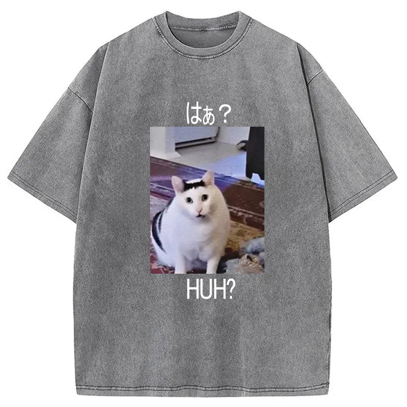 Modecanvas Huh? Funny Cat Meme Washed T-Shirt-modecanvas