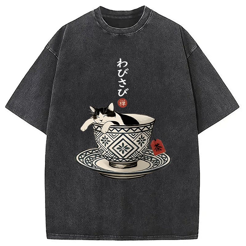 Modecanvas A Cozy Cat In A Teacup Washed T-Shirt-modecanvas