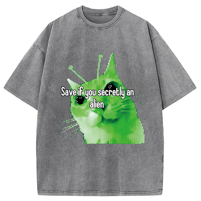 Modecanvas Alien Cat Meme Funny DTG Printing Washed T-Shirt