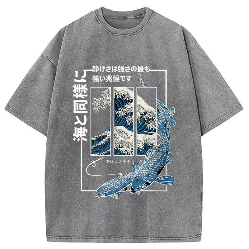 Modecanvas Japanese Koi Fish Great Wave DTG Printing Washed T-Shirt