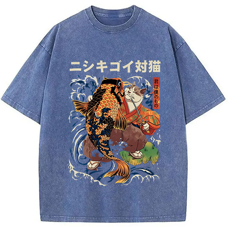 Modecanvas The Cat And The Koi DTG Printing Washed T-Shirt