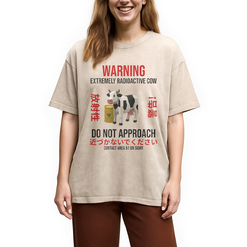 Modecanvas Radioactive Cow Warning Washed T-Shirt