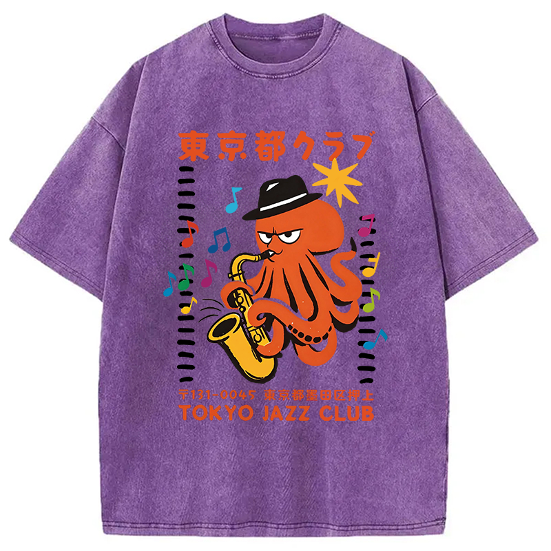 Modecanvas Japanese Octopus In Band DTG Printing Washed T-Shirt