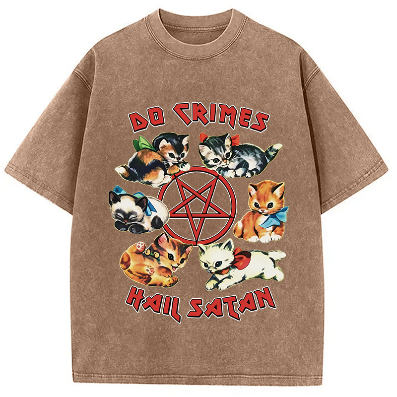 Modecanvas Cute Cats Do Crimes Hail Satan DTG Printing Washed T-Shirt
