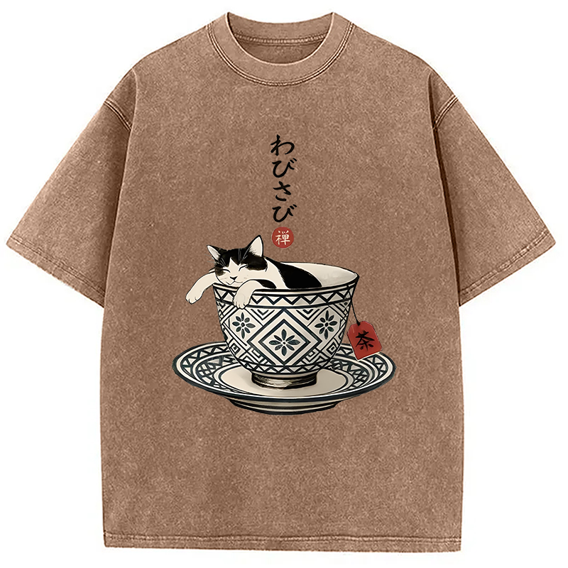 Modecanvas A Cozy Cat In A Teacup Washed T-Shirt-modecanvas