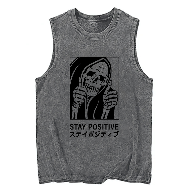 Modecanvas Stay Positive Skeleton DTG Printing Washed Tank-modecanvas