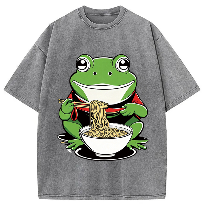 Modecanvas Cute Frog Eating Ramen DTG Printing Washed T-Shirt