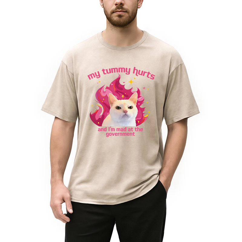 Modecanvas My Tummy Hurts Funny Cat Meme DTG Printing Washed T-Shirt