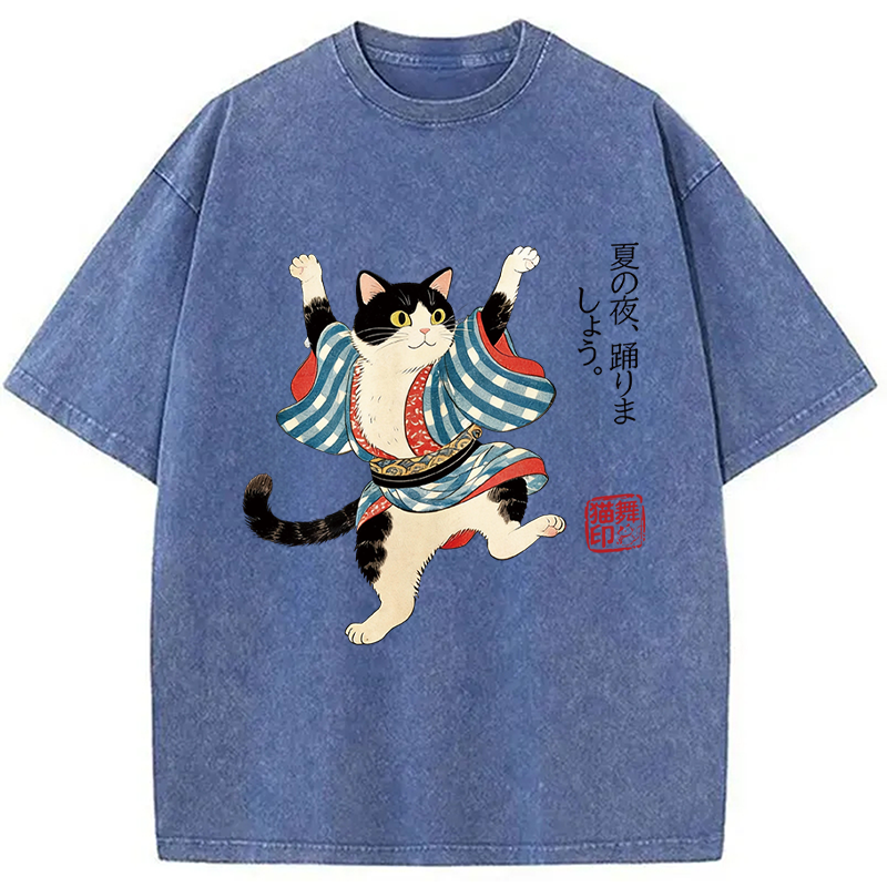 Modecanvas Bon Odori Dancing Cat DTG Printing Washed T-Shirt-modecanvas