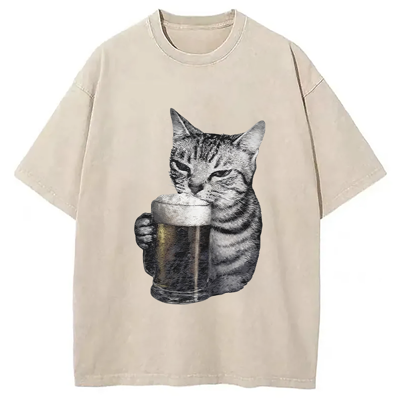Modecanvas Cheers With The Cat Washed T-Shirt-modecanvas