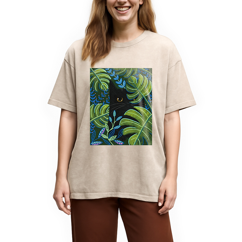 Modecanvas Cat In The Monstera DTG Printing Washed T-Shirt