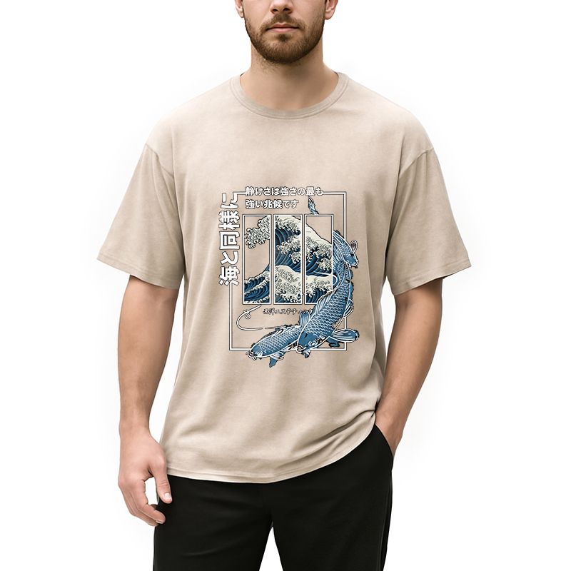 Modecanvas Koi Fish Great Wave DTG Printing Washed T-Shirt