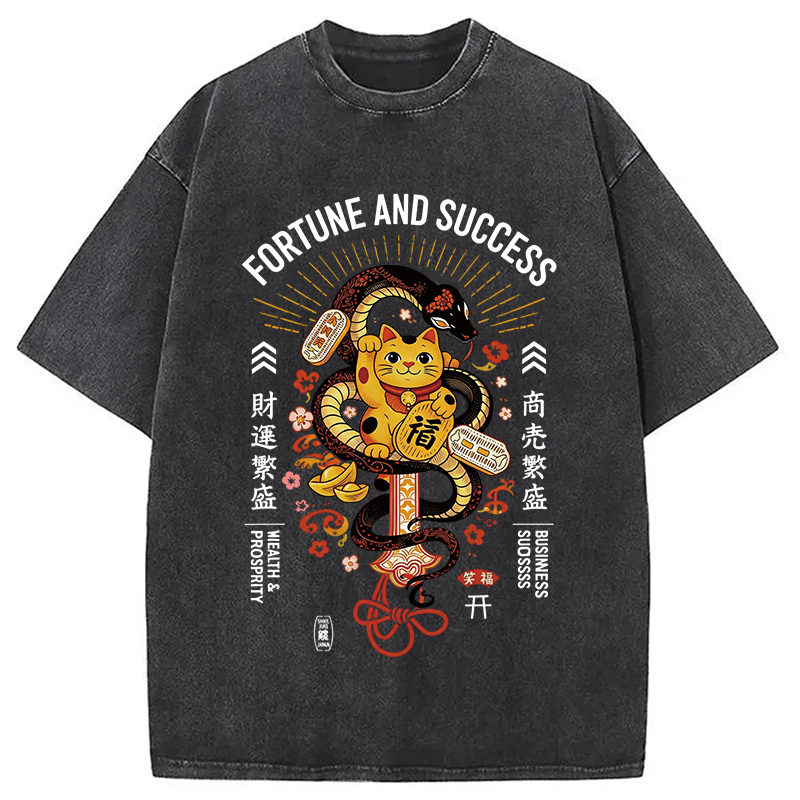 Modecanvas Fortune And Success Maneki Neko DTG Printing Washed T-Shirt