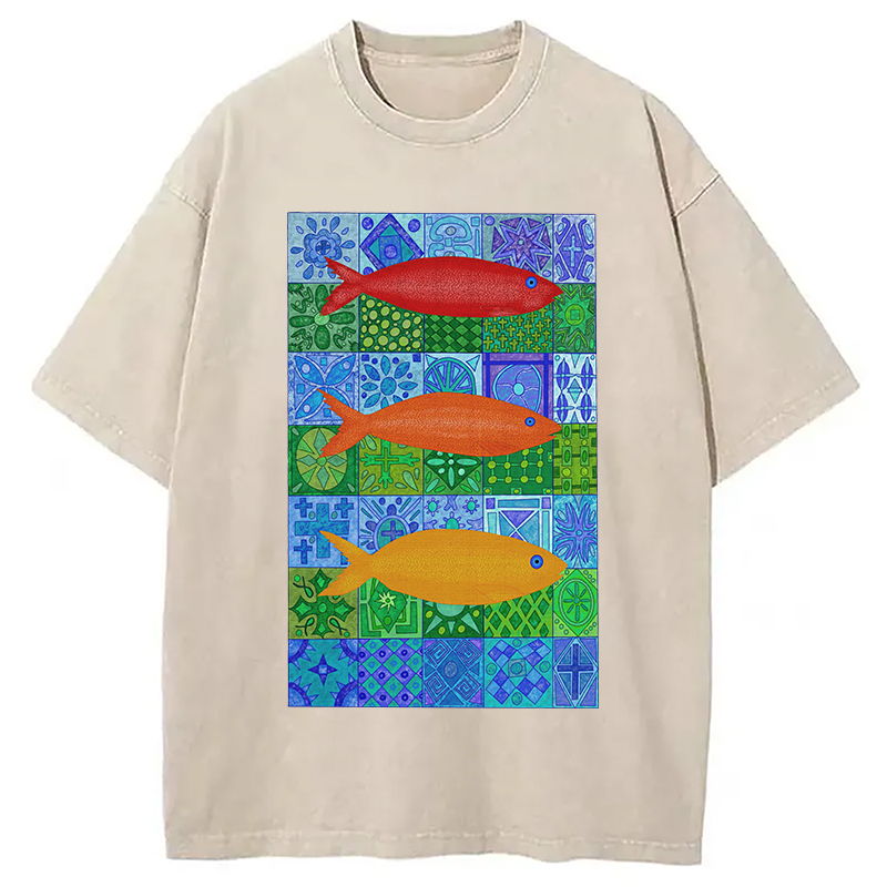 Modecanvas Three Fishes DTG Printing Washed T-Shirt