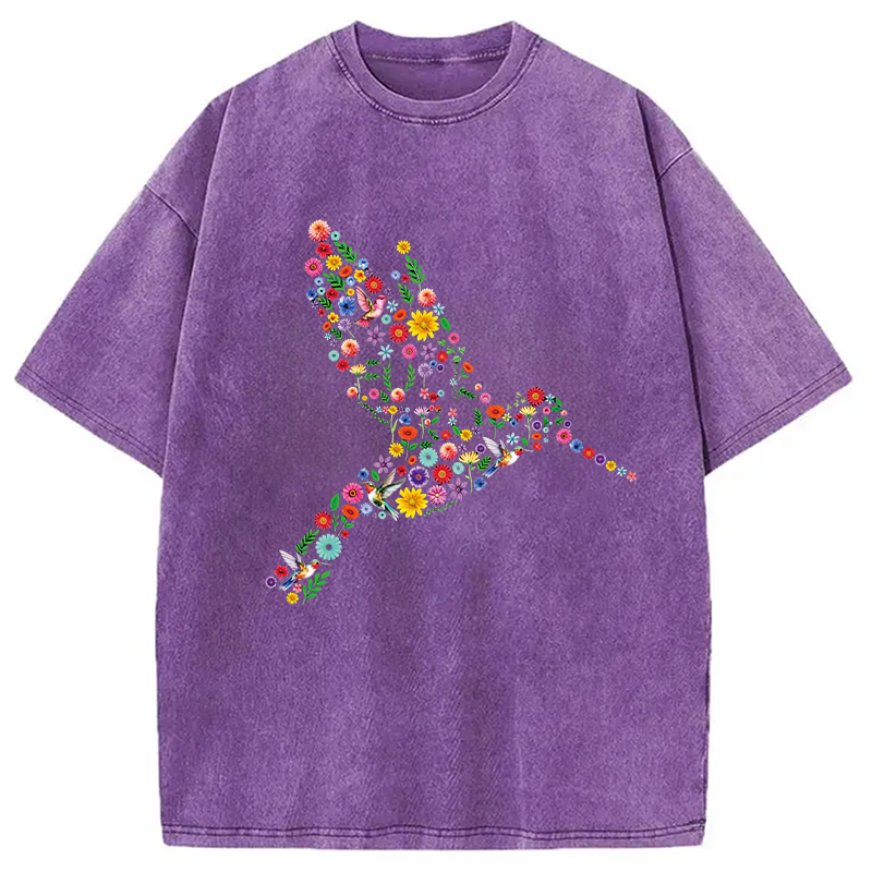 Modecanvas Floral Hummingbird DTG Printing Washed T-Shirt