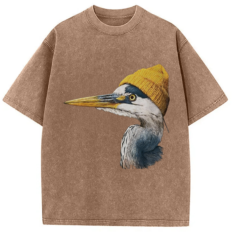 Modecanvas Blue Heron Wearing Beanie DTG Printing Washed T-Shirt