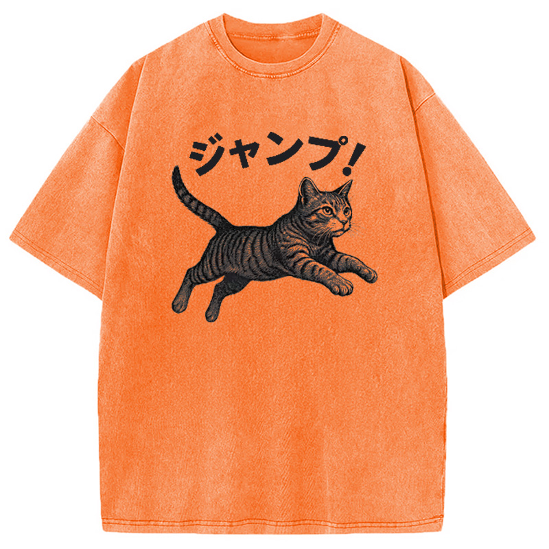 Modecanvas Jumping Tabby Funny Japanese Cat Washed T-Shirt