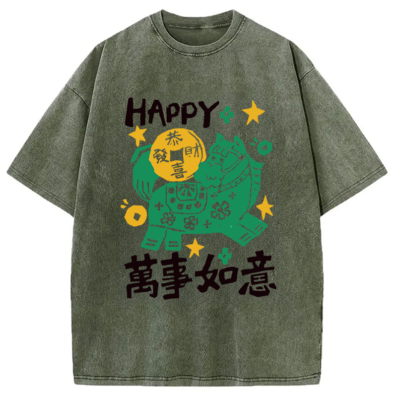 Modecanvas Happy Horse Best Wishes DTG Printing Washed T-Shirt-modecanvas