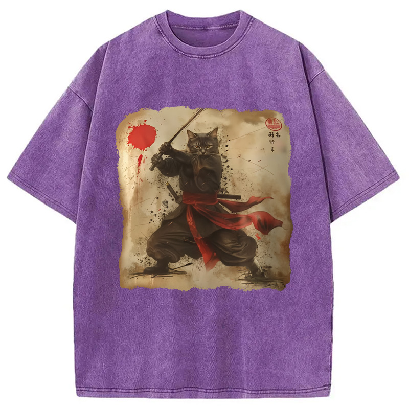 Modecanvas Vintage Samurai Cat Washed T-Shirt