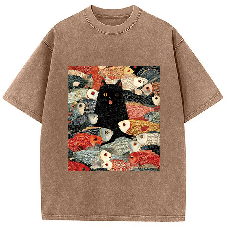 Modecanvas Black Cat Koi Fish Washed T-Shirt